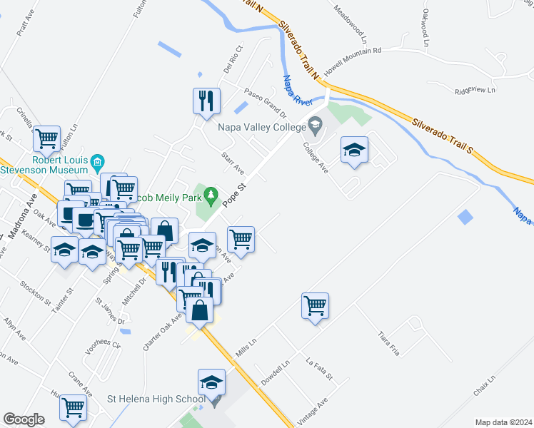map of restaurants, bars, coffee shops, grocery stores, and more near 605 Pope Street in St. Helena