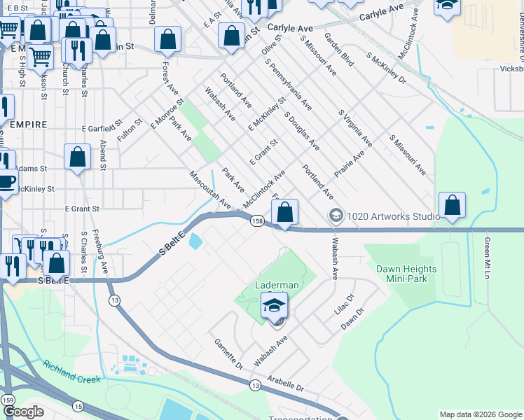 map of restaurants, bars, coffee shops, grocery stores, and more near 710 McClintock Avenue in Belleville