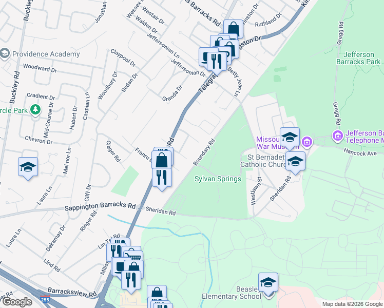 map of restaurants, bars, coffee shops, grocery stores, and more near 2814 Mohattan Lane in St. Louis
