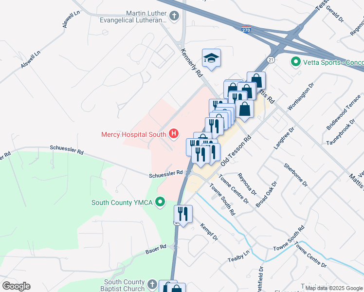 map of restaurants, bars, coffee shops, grocery stores, and more near 10012 Kennerly Road in St. Louis
