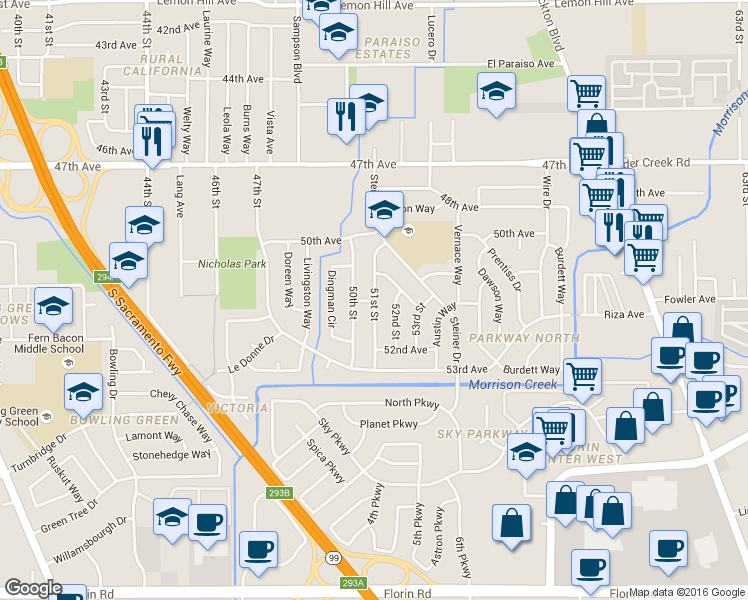 map of restaurants, bars, coffee shops, grocery stores, and more near 6698 51st Street in Sacramento