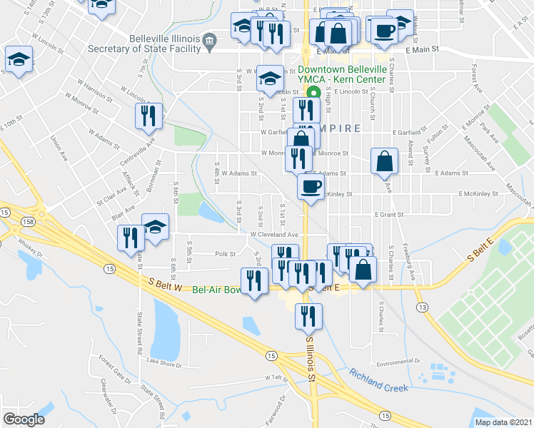 map of restaurants, bars, coffee shops, grocery stores, and more near 800 South 2nd Street in Belleville