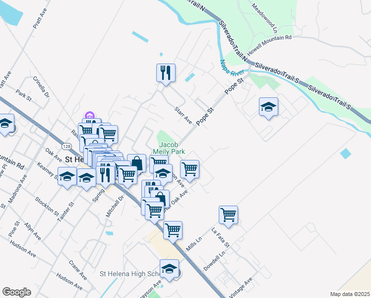 map of restaurants, bars, coffee shops, grocery stores, and more near 789 Stralla Court in St. Helena