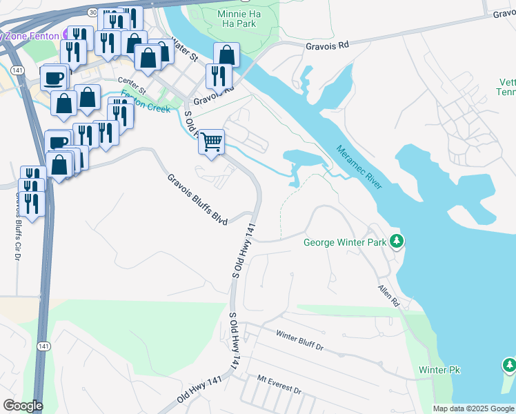 map of restaurants, bars, coffee shops, grocery stores, and more near South Old Highway 141 in Fenton