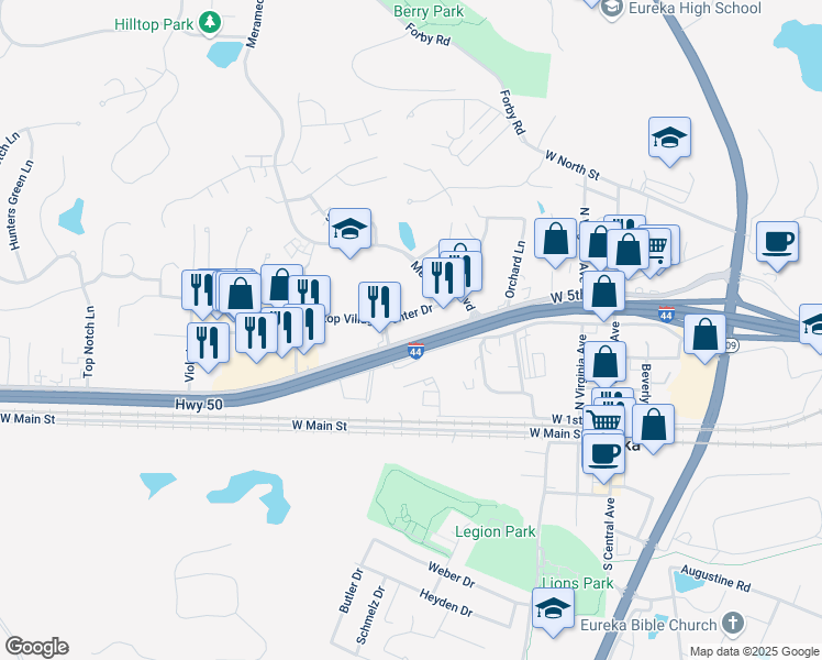 map of restaurants, bars, coffee shops, grocery stores, and more near 555 West 5th Street in Eureka