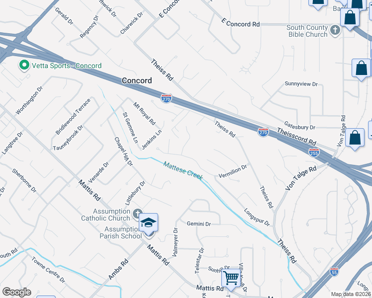 map of restaurants, bars, coffee shops, grocery stores, and more near 4473 Pinyon Jay Court in St. Louis
