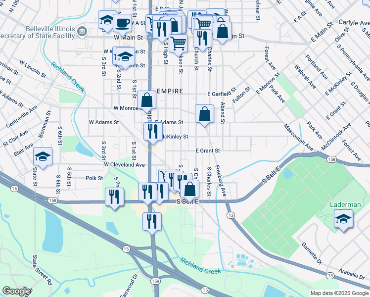 map of restaurants, bars, coffee shops, grocery stores, and more near 709 South Church Street in Belleville