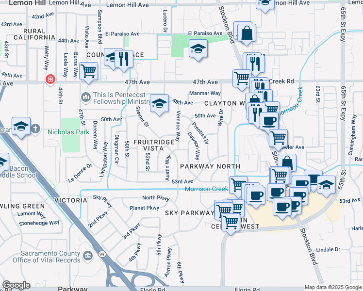 map of restaurants, bars, coffee shops, grocery stores, and more near 6604 Harms Way in Sacramento