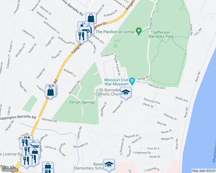 map of restaurants, bars, coffee shops, grocery stores, and more near 316 Tuckahoe Dr in St. Louis
