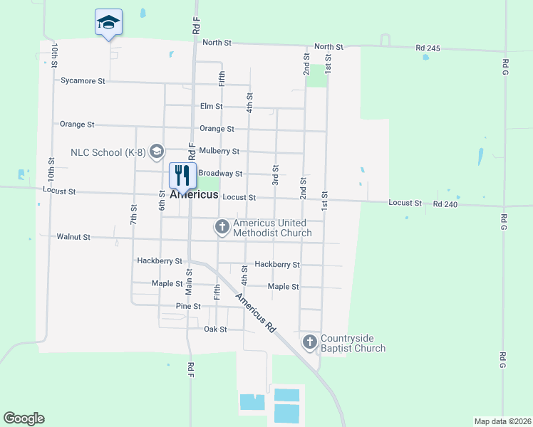 map of restaurants, bars, coffee shops, grocery stores, and more near 310 Locust Street in Americus