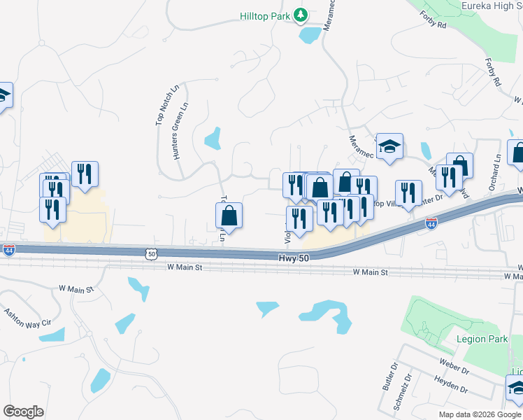 map of restaurants, bars, coffee shops, grocery stores, and more near 316 Hunters Heights Drive in Eureka