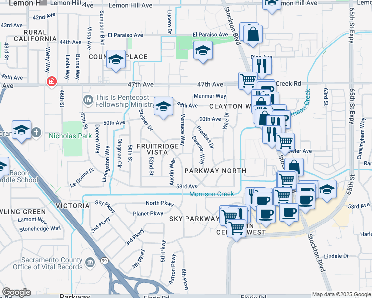 map of restaurants, bars, coffee shops, grocery stores, and more near 6604 Harms Way in Sacramento