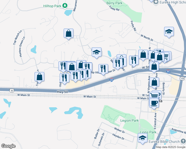 map of restaurants, bars, coffee shops, grocery stores, and more near 22 Hilltop Village Center Drive in Eureka