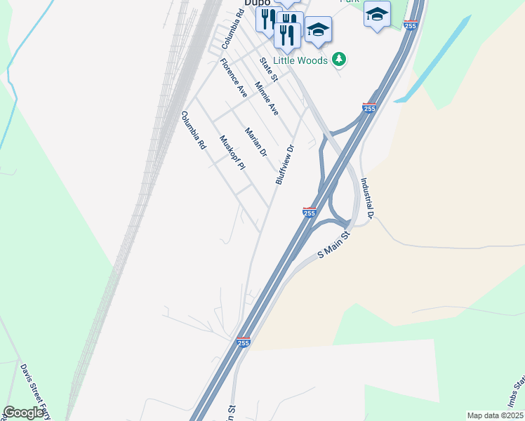map of restaurants, bars, coffee shops, grocery stores, and more near 1517 Muskopf Place in Dupo