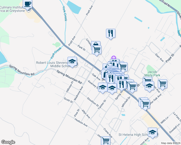 map of restaurants, bars, coffee shops, grocery stores, and more near Madrona Ave & Oak Ave in Saint Helena