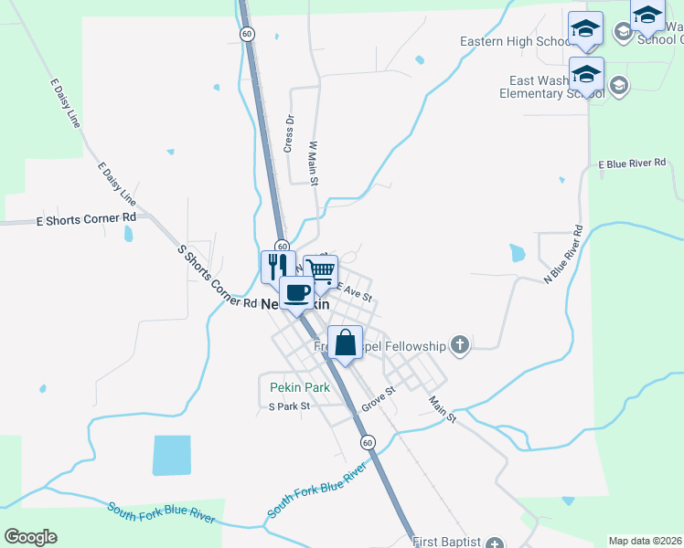 map of restaurants, bars, coffee shops, grocery stores, and more near 66 East B Street in New Pekin