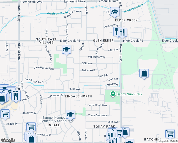 map of restaurants, bars, coffee shops, grocery stores, and more near 7605 Bellini Way in Sacramento
