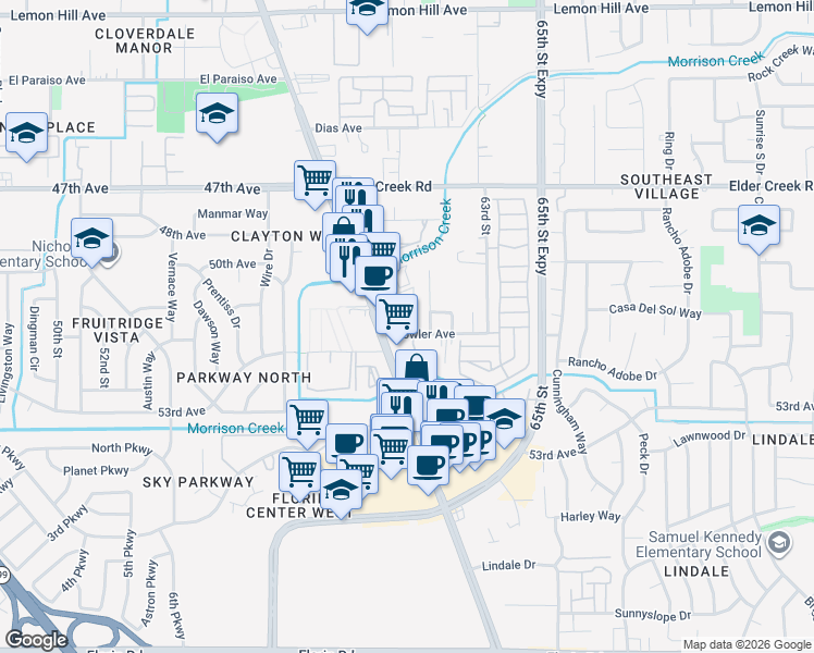 map of restaurants, bars, coffee shops, grocery stores, and more near 6201 Fowler Avenue in Sacramento