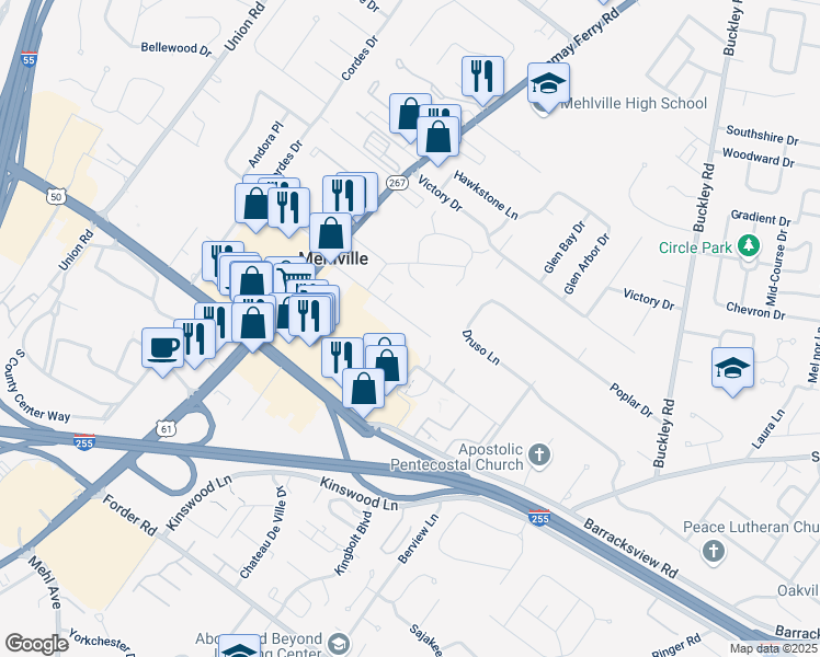 map of restaurants, bars, coffee shops, grocery stores, and more near 3444 Evergreen Lane in St. Louis