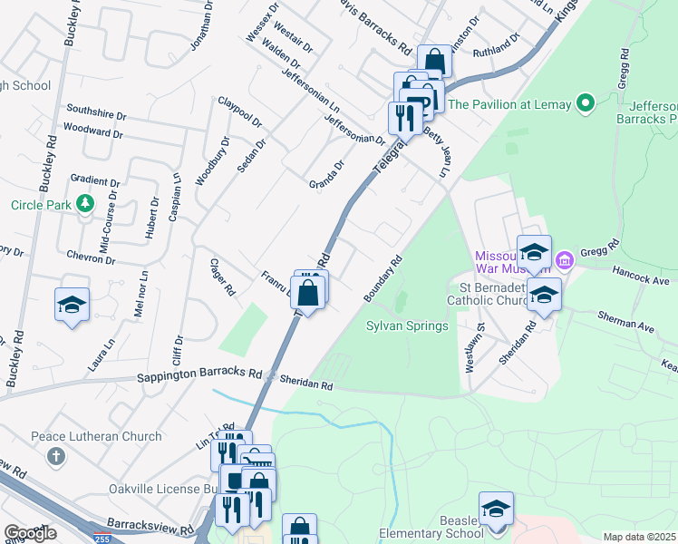 map of restaurants, bars, coffee shops, grocery stores, and more near 2829 Mohattan Lane in St. Louis