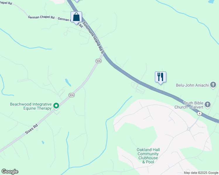 map of restaurants, bars, coffee shops, grocery stores, and more near 125 Kinsey Drive in Prince Frederick