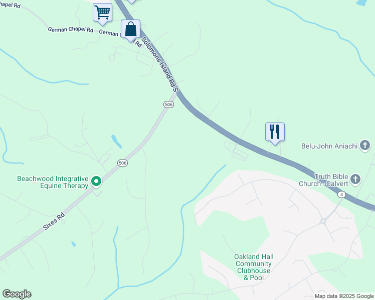 map of restaurants, bars, coffee shops, grocery stores, and more near 125 Kinsey Drive in Prince Frederick