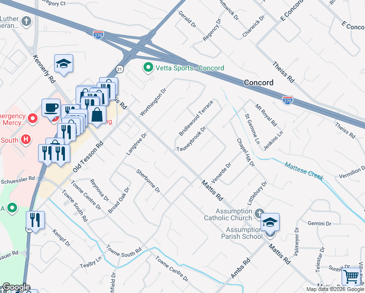 map of restaurants, bars, coffee shops, grocery stores, and more near 4677 Tauneybrook Drive in St. Louis