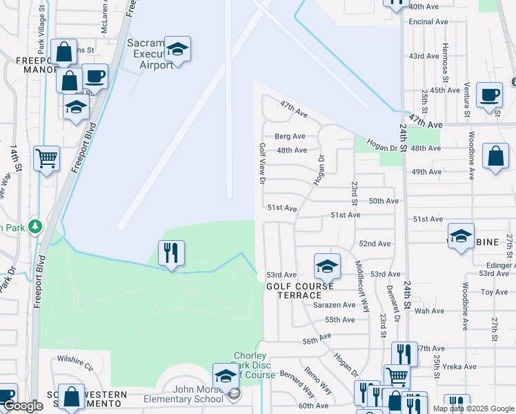 map of restaurants, bars, coffee shops, grocery stores, and more near 6620 Golf View Drive in Sacramento