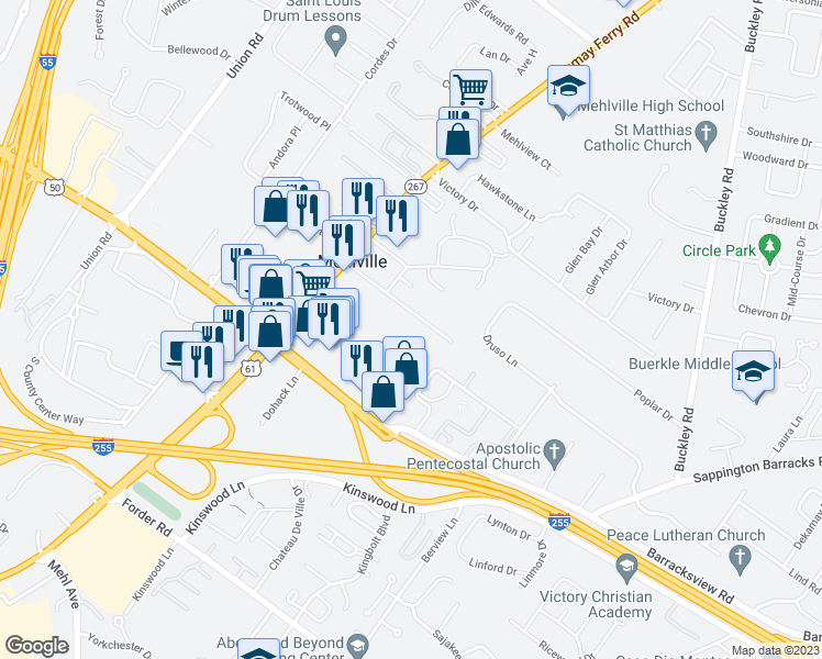 map of restaurants, bars, coffee shops, grocery stores, and more near 3464 Evergreen Lane in St. Louis