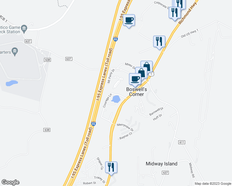 map of restaurants, bars, coffee shops, grocery stores, and more near 6 Courage Lane in Stafford