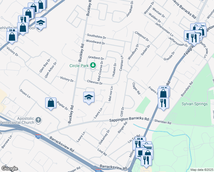 map of restaurants, bars, coffee shops, grocery stores, and more near 730 Chevron Drive in St. Louis