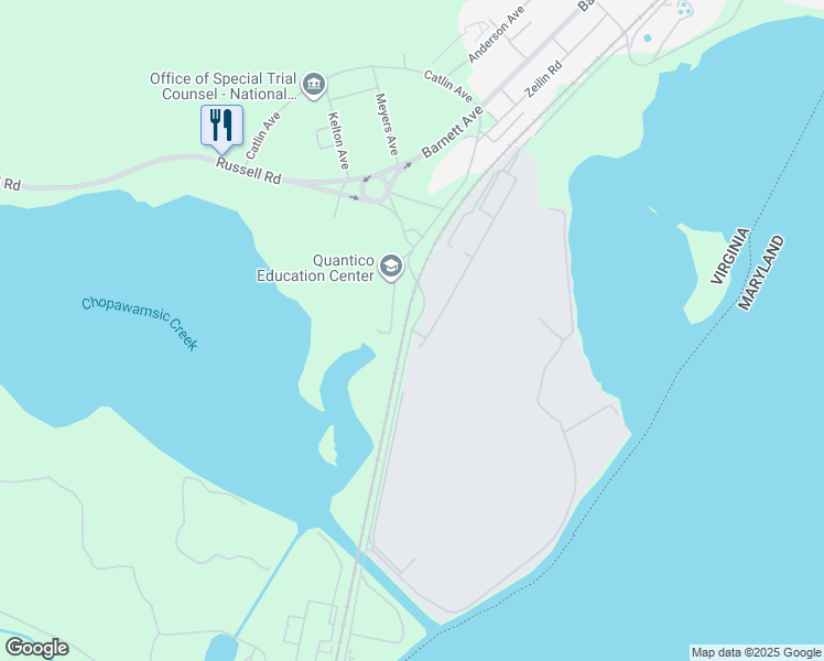 map of restaurants, bars, coffee shops, grocery stores, and more near 2101 Rowell Road in Quantico