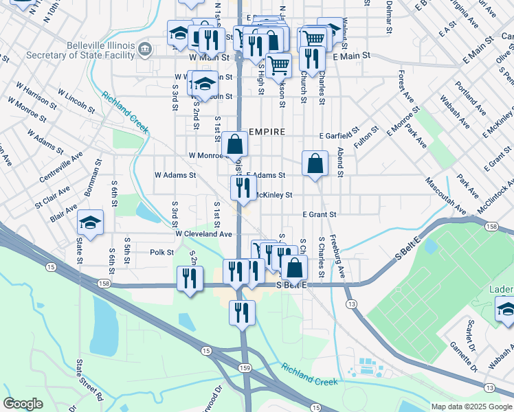 map of restaurants, bars, coffee shops, grocery stores, and more near 713 South High Street in Belleville
