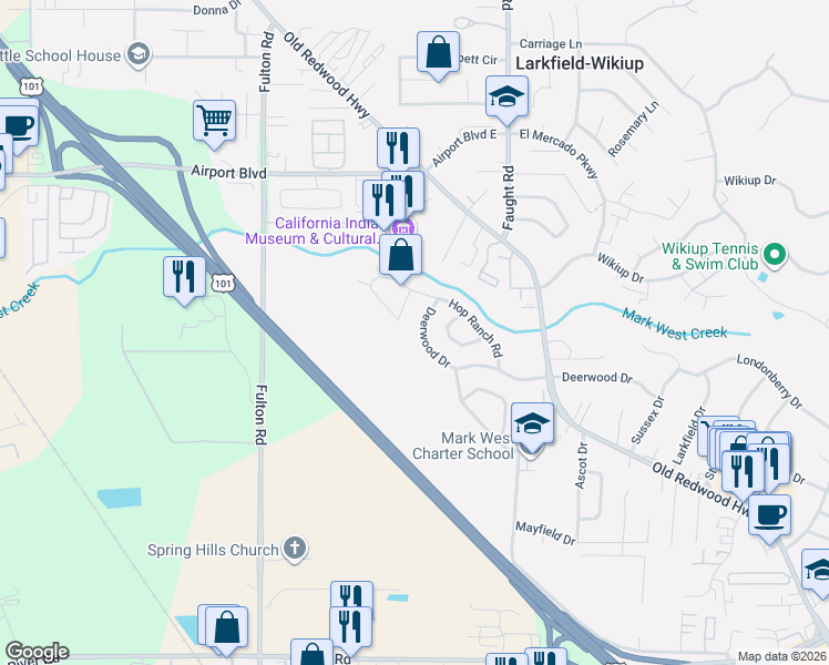 map of restaurants, bars, coffee shops, grocery stores, and more near 144 Hop Ranch Road in Santa Rosa