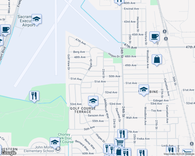 map of restaurants, bars, coffee shops, grocery stores, and more near 2250 50th Avenue in Sacramento