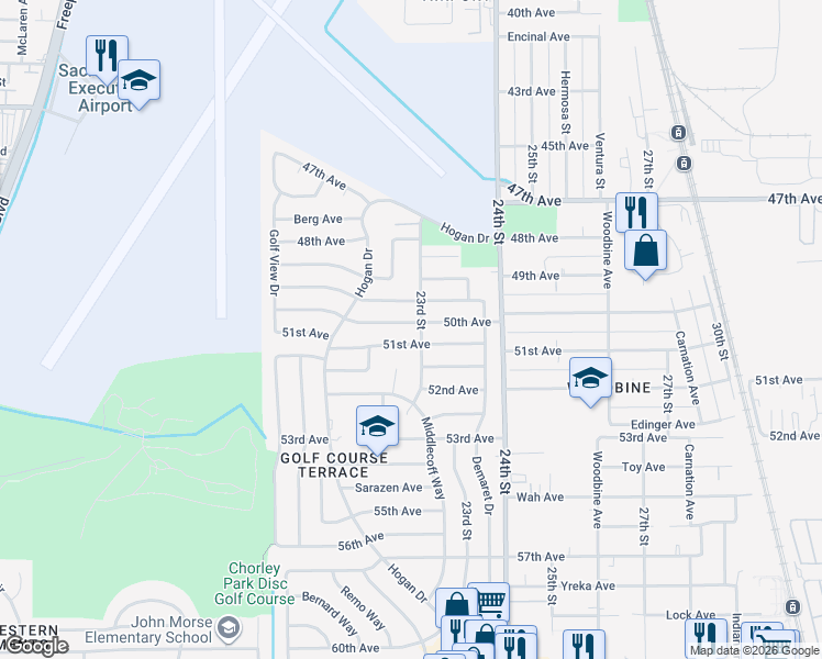 map of restaurants, bars, coffee shops, grocery stores, and more near 2250 50th Avenue in Sacramento