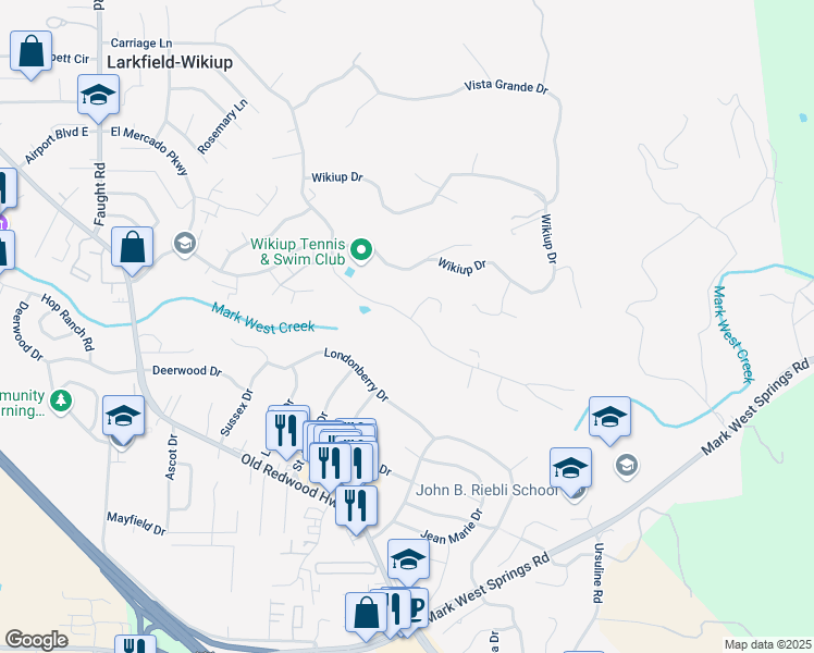 map of restaurants, bars, coffee shops, grocery stores, and more near 5032 Carriage Lane in Santa Rosa