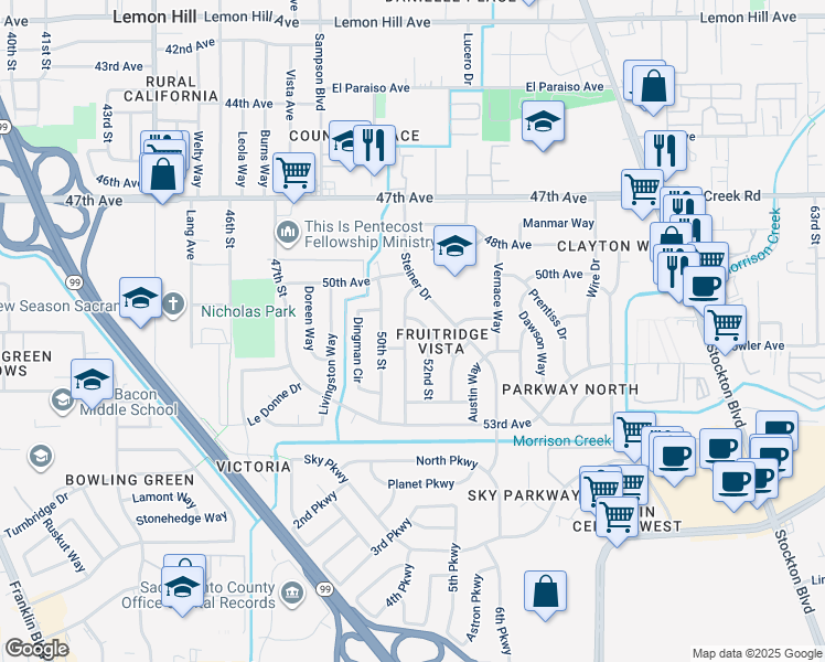 map of restaurants, bars, coffee shops, grocery stores, and more near 6653 51st Street in Sacramento