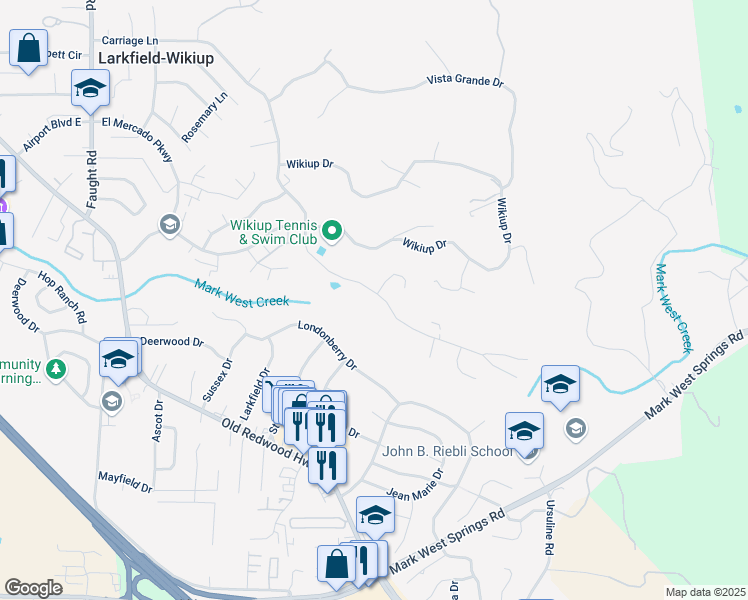 map of restaurants, bars, coffee shops, grocery stores, and more near 5032 Carriage Lane in Santa Rosa
