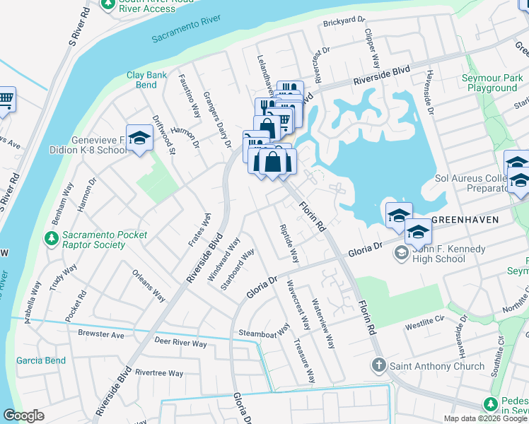 map of restaurants, bars, coffee shops, grocery stores, and more near 510 Windward Way in Sacramento