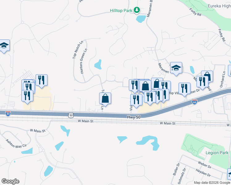 map of restaurants, bars, coffee shops, grocery stores, and more near 316 Hunters Heights Drive in Eureka