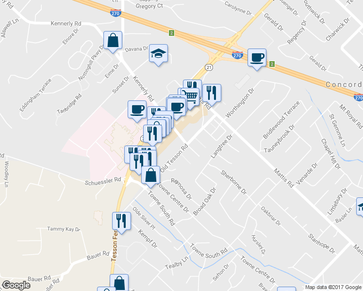 map of restaurants, bars, coffee shops, grocery stores, and more near 9900 Kennerly Road in St. Louis