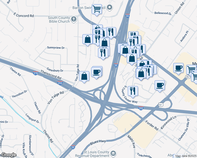 map of restaurants, bars, coffee shops, grocery stores, and more near 4250 Rusty Road in Saint Louis