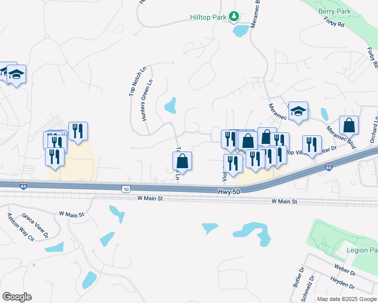 map of restaurants, bars, coffee shops, grocery stores, and more near 626 Top Notch Lane in Eureka