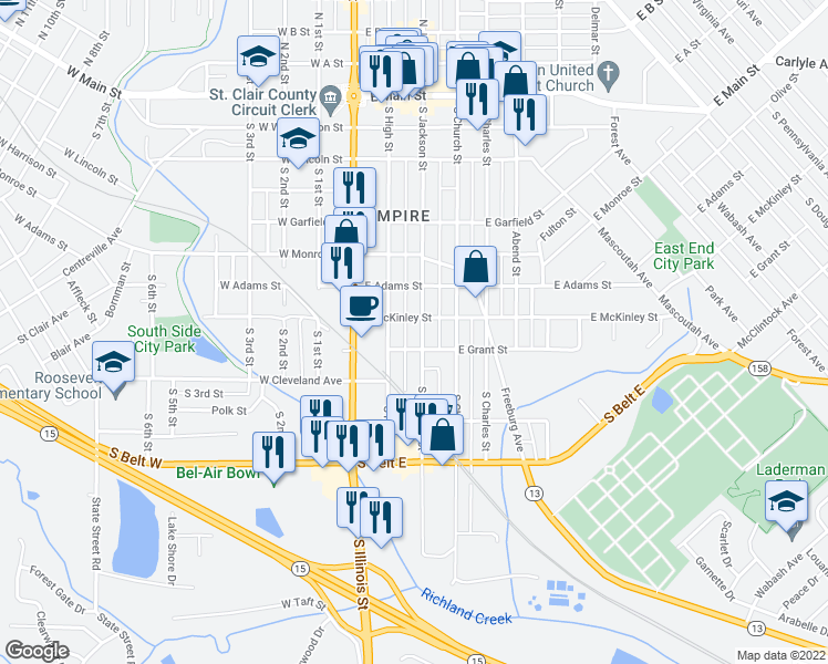 map of restaurants, bars, coffee shops, grocery stores, and more near 709 South Jackson Street in Belleville
