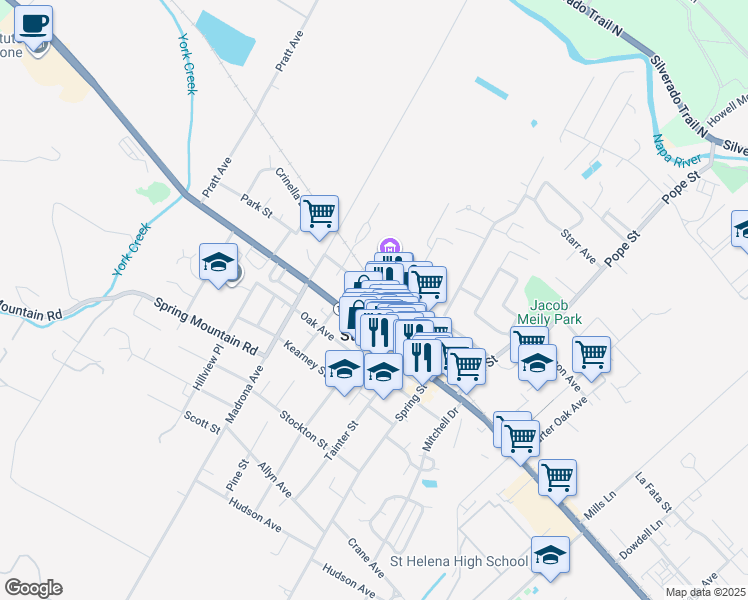map of restaurants, bars, coffee shops, grocery stores, and more near 1461 Railroad Ave in St Helena