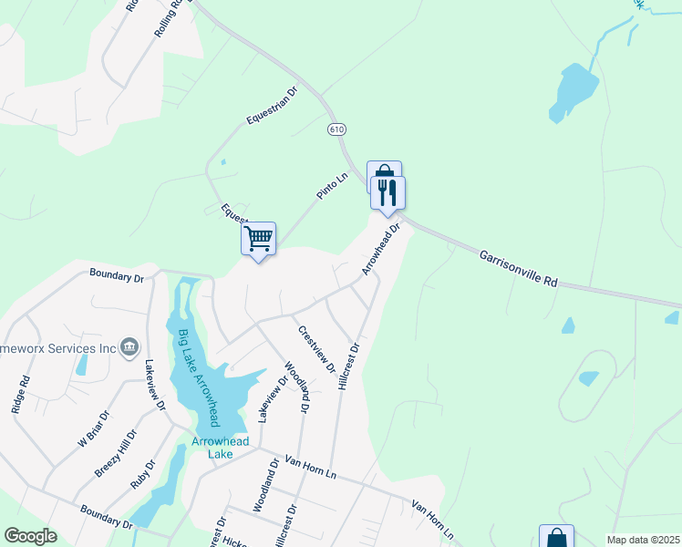 map of restaurants, bars, coffee shops, grocery stores, and more near 2 Pine Tree Lane in Stafford