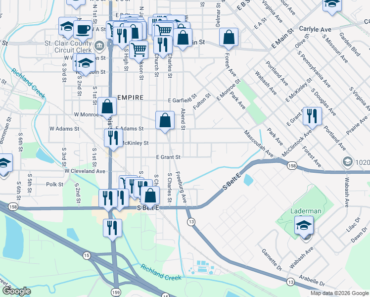map of restaurants, bars, coffee shops, grocery stores, and more near 708 Abend Street in Belleville