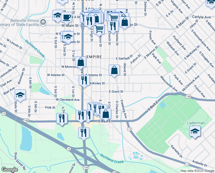 map of restaurants, bars, coffee shops, grocery stores, and more near 709 South Church Street in Belleville