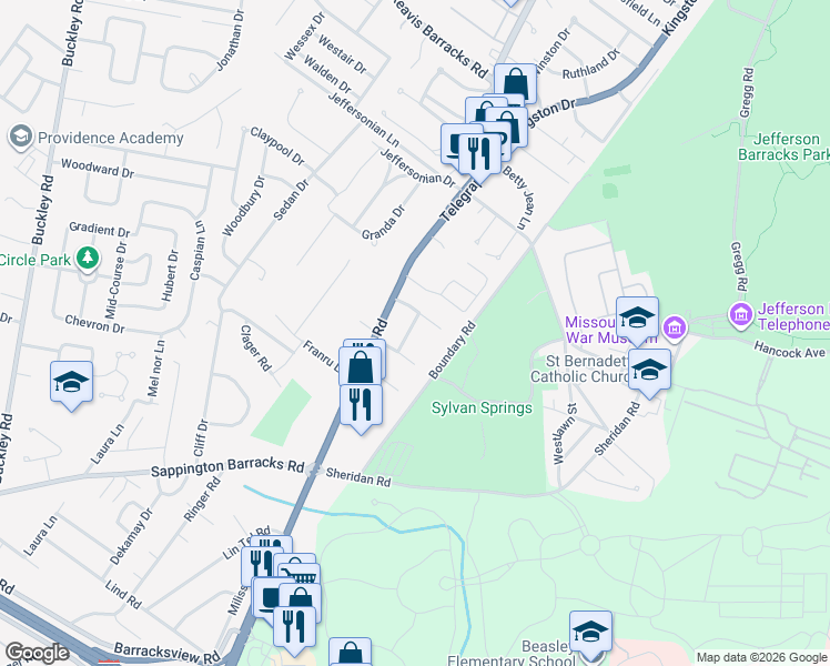 map of restaurants, bars, coffee shops, grocery stores, and more near 2814 Mohattan Lane in St. Louis